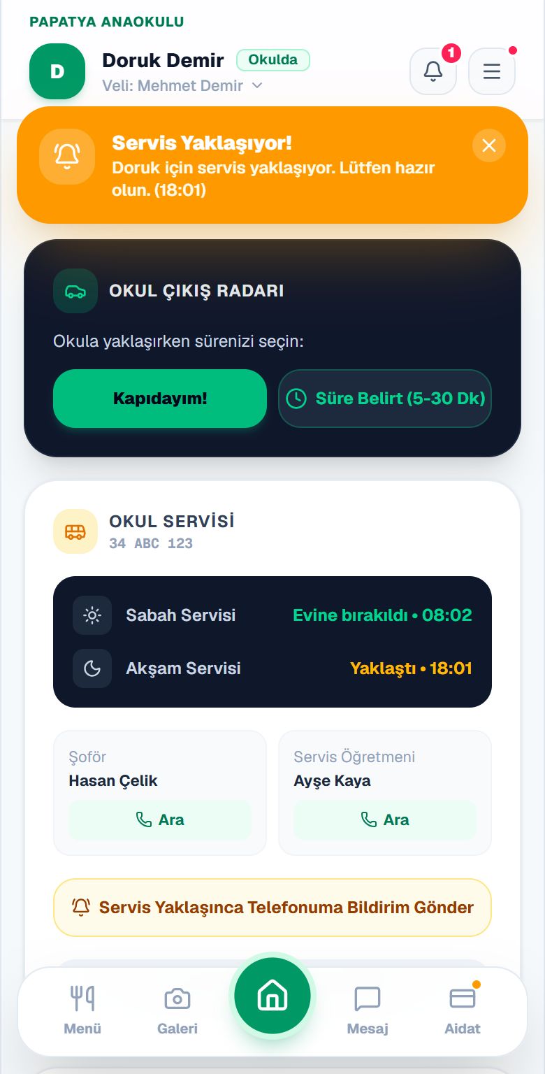 Servis yaklaşıyor bildirimi ve okul servisi kartı